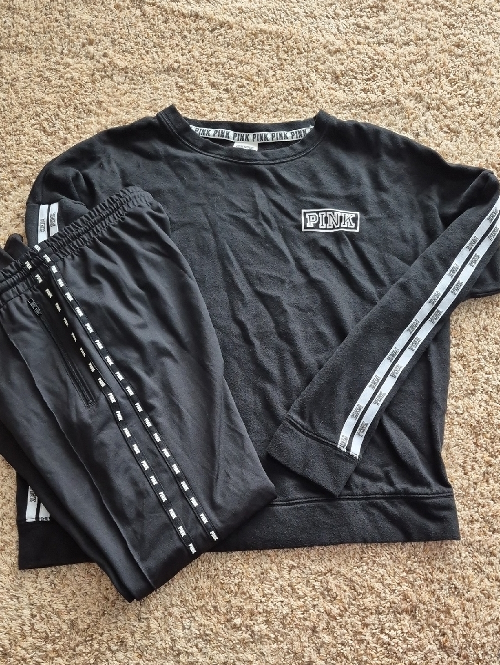 PINK Victoria's Secret Black Logo Track Sweatshirt and Joggers Set, Xs And Sm